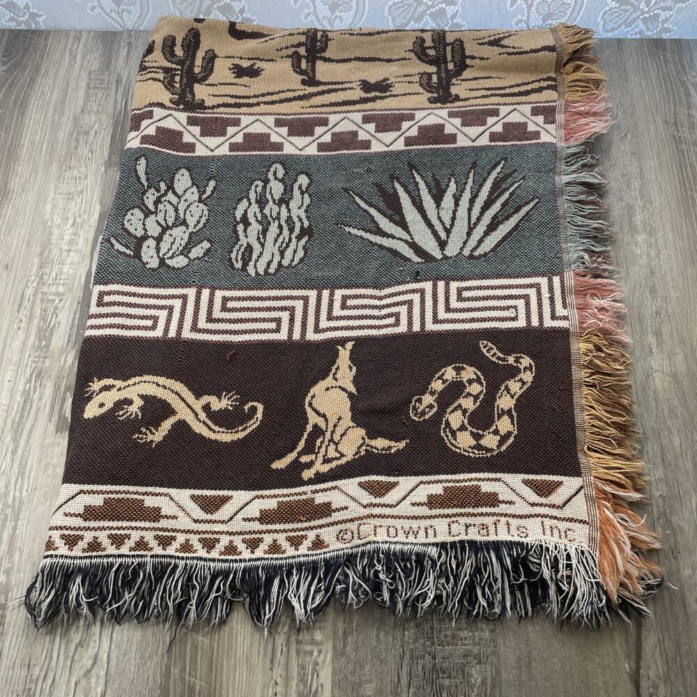 Vintage Crown Crafts Western Desert Throw Fringe Woven Home Blanket 44 x 52